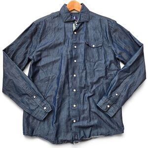 Johnnie-O Mens M Pearl Snap Shirt Blue Cotton stretch Long‎ Sleeve Contrast EUC!